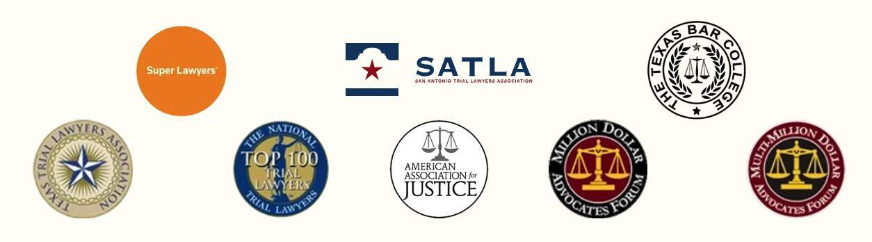 Logos of various legal associations and awards, including Super Lawyers, SATLA, Texas Bar College, and Million Dollar Advocates Forum.