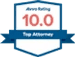 Badge displaying "Avvo Rating 10.0 Top Attorney" within a shield shape.
